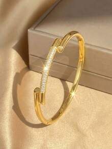 18K Gold-Plated Fade-Resistant Cubic Zirconia Cufflinks And Bracelet Set, Shineon Twisted And Open Style Stackable Gold Bracelets, Women's, Suitable For Spring/Summer Beach Wear - Multicolor - View 8