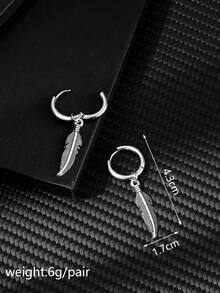 1 Pair Stainless Steel Feather Pendant Hoop Earrings For Men, Fashionable & Versatile - Feather - View 12