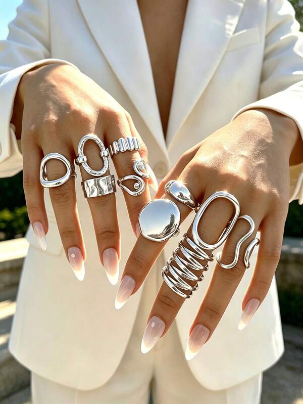 Set de 10 anillos apilables multicapa, diseño minimalista elegante y exquisito, vintage, geométrico, de cinta, redondo, hueco, con cuentas, asimétrico, plisado, texturizado, cruzado, liso, banda ancha exagerada y gruesa, para vacaciones, fiestas, citas, regalo, uso diario y oficina
