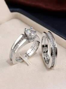 2件組時尚立方鋯石戒指套組，女款婚禮訂婚週年派對戒指飾品，情人節禮物 - 銀色 - 查看 3