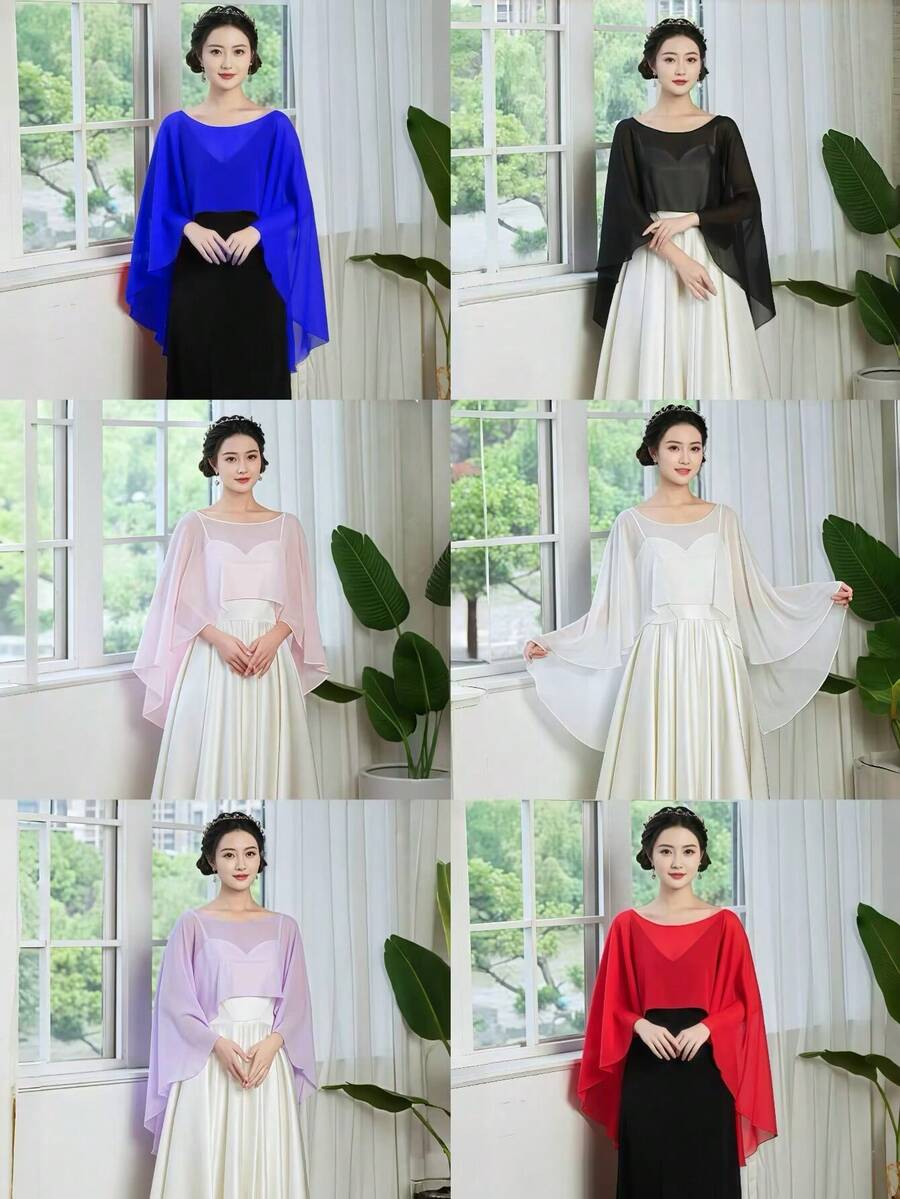 1件女款夏季披肩，淺紫色、粉色、皇家藍、黑色、白色、紅色新娘披肩，夏季防曬透氣披肩，新娘伴娘裝飾披肩，雪紡披肩，婚紗薄紗披肩，大尺碼披肩，適用於婚禮、宴會、表演、派對、攝影道具、Cosplay裝飾裙、度假穿搭配件、婚紗拖尾裙、新娘極簡婚紗、年會主持、秀場風格、套頭披肩，搭配夏季洋裝、背心外搭披肩、洋裝搭配配件披肩