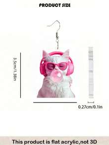 Pendientes colgantes 2D planos de gato blanco chicle rosa, gafas de moda de auriculares acrílicos rosa para mujer, orejas de gato geniales, estilo Y2K, animal lindo, amante de la música, joyería divertida, regalo - Gato blanco de chicle - Ver 3