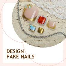 24Pcs Short Square Press-On Toenails, Nude Base With Thin Gold Metal French Frame, Tortoise Shell Print & Turquoise Rhinestone Mix Decor, Luxury Vintage Reusable False Toe Nail Kit For Summer Beach & Sandal Wear - Multicolor - View 2