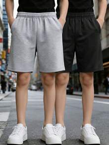 2件組青少年男孩夏季休閒戶外百搭直筒短褲，黑色與灰色 - 彩色 - 查看 10