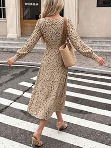 Women Fall Floral Midi Dress, Square Neck Long Sleeve Button Front Vintage Print A‑Line Dress - Multicolor - View 2