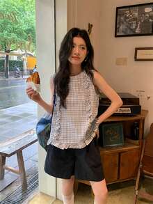 韓式復古設計荷葉邊無袖背心上衣 女款 時尚格紋亞麻上衣 夏季休閒穿搭 - 藍色 - 查看 5