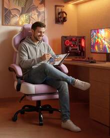 Fabric Gaming Chair With Footrest, Ergonomic Computer Desk Chair With Pocket Spring Cushion Home Office High Back Support Lumbar Support Heavy Duty Wide - Pink - View 2