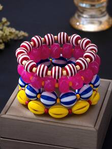 1pc/4pcs Dopamine Color Block Striped Shell Multi-Layer Beaded Bracelet Women's Vintage Colorful Ball Resin Bracelet Beach Vacation Beach Layered Jewelry - Beaded Bracelet - View 3