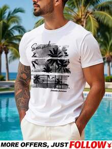 Manfinity RSRT White Summer Casual Beach Holiday Men's Slim Fit Short Sleeve T-Shirt,Graffiti Coconut Tree Landscape Letter Graphic Print,Vacation Ess - Negro - Ver 1