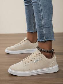 Zapatos deportivos casuales para mujer para otoño/invierno, zapatos de skate con cordones, suela blanda, planos y cómodos, ligeros y de caña baja para uso diario - Beis - Ver 4