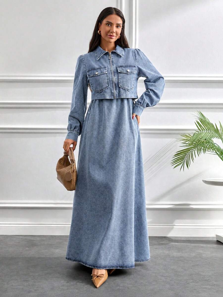 Conjunto de vestido y chaqueta de mezclilla con cintura anudada - Azul - Ver 1