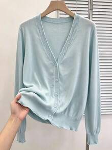 Summer New Elegant Lace V-Neck Long Sleeve Thin Sun Protection Knit Cardigan - Light Blue - View 1