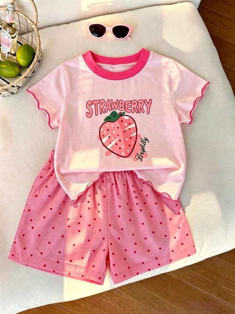 Little Girls 可愛草莓女童夏季短袖上衣與短褲 2 件套運動休閒套裝，適合 4-7T 幼女 - 粉色 - 查看 1