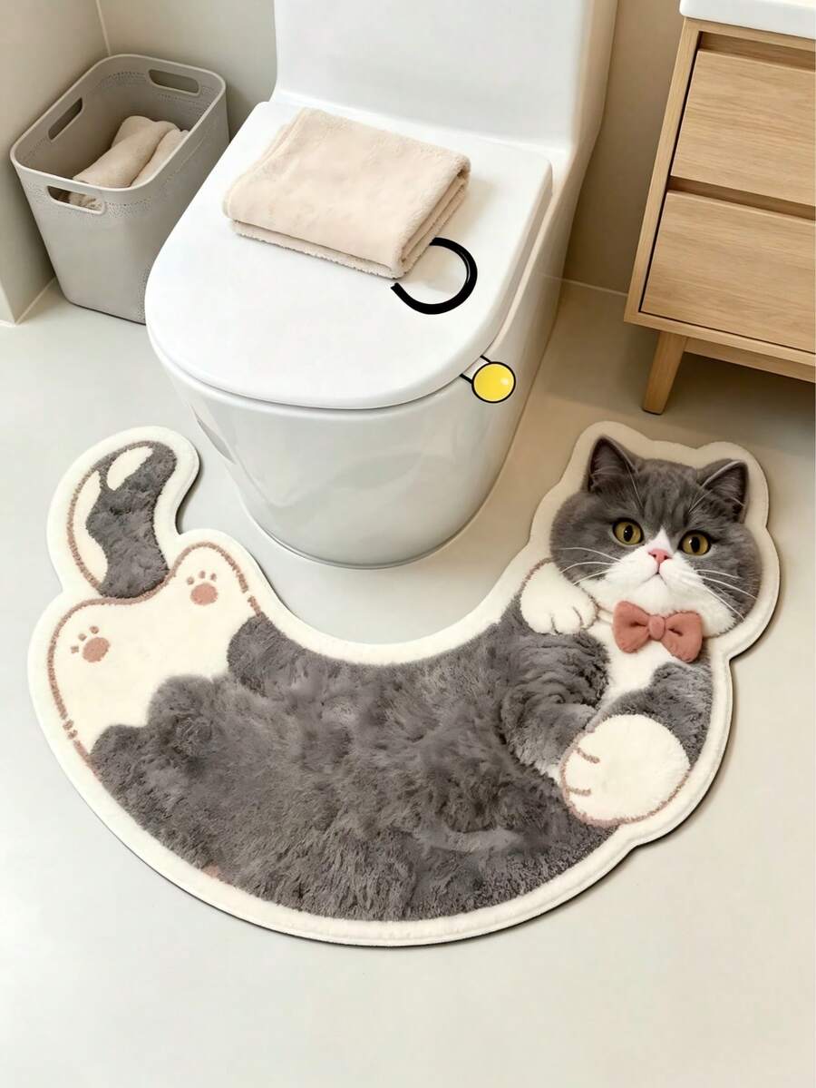 1pc Grey Cat Pattern Floor Mat, Bathroom Mat, Bathroom Rug, Doormat, Small Rug, Carpet, Floor Mat, Home Decor, Area Rug, Outdoor Mat, Home Decor, Area Carpet, Bedroom Rug, Washable Carpet - Multicolor - View 1