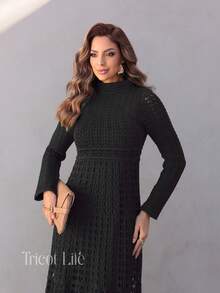 Vestido Feminino Midi em Tricot Rendado Efeito Crochê Manga Longa Gola Alta com Forro Elegante para Festa Casamento Formatura e Eventos - Preto - Visão 7
