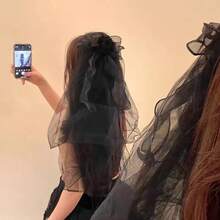 1pc Gothic Vampire Bride Black Tulle Short Veil, Decorated With Red Roses And Bows, Halloween Dark Hair Accessory, Suitable For Dark Style Wedding, Party And Photo Shoot - Black Bow - View 5