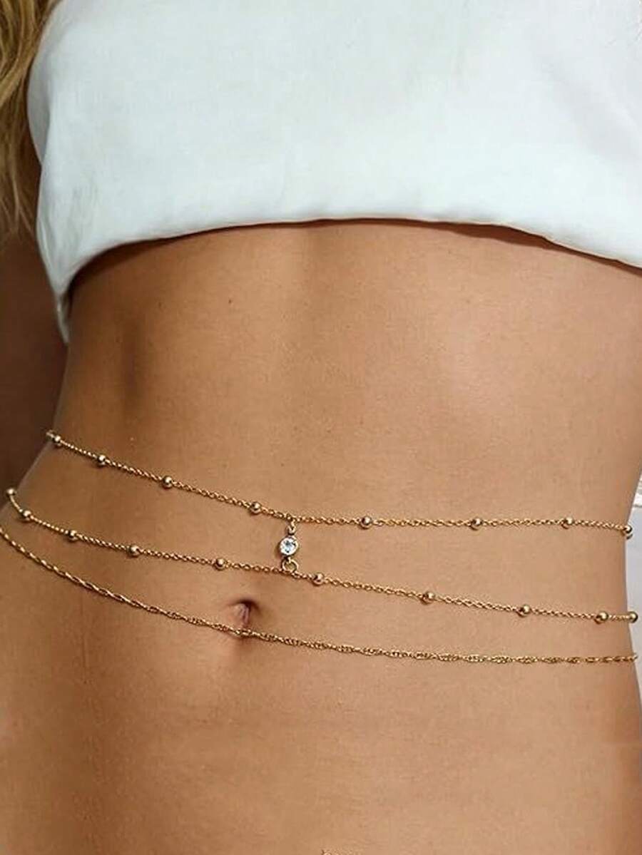 HOTNICE 多層圓珠水鑽腰鍊 女款個性化扭鍊 性感身體鍊 比基尼配件 - 金色 - 查看 1