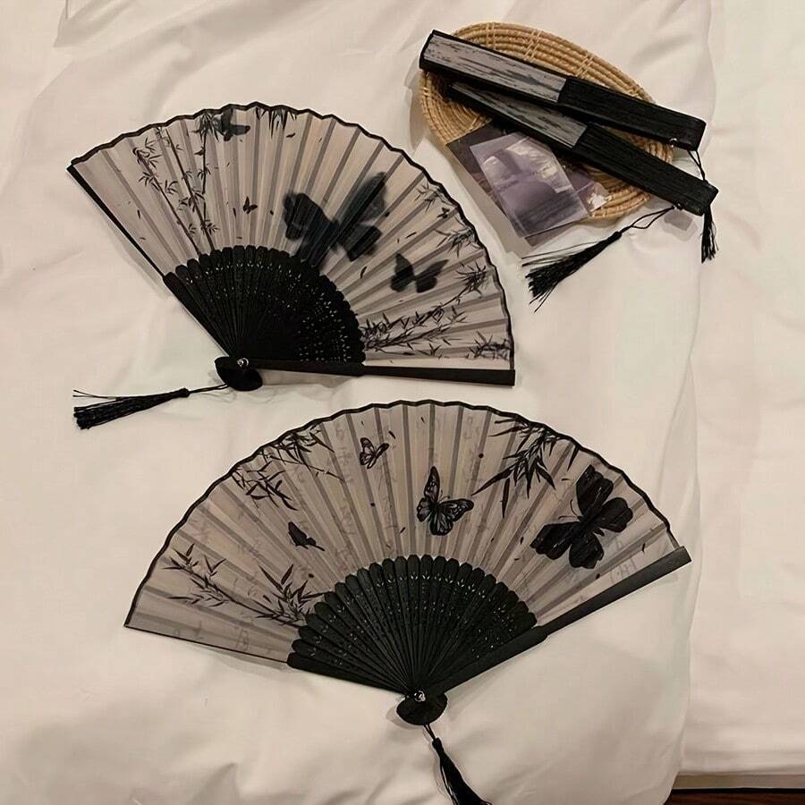1件/3件/4件 新款中式古典手持摺扇，便攜竹扇，蝴蝶圖案，適合夏季使用，優雅女性手扇，可搭配漢服或旗袍，適用於舞蹈、戲劇道具、攝影道具、室內裝飾，亦適合作為生日、婚禮、情人節、畢業季、母親節送給親友的禮物