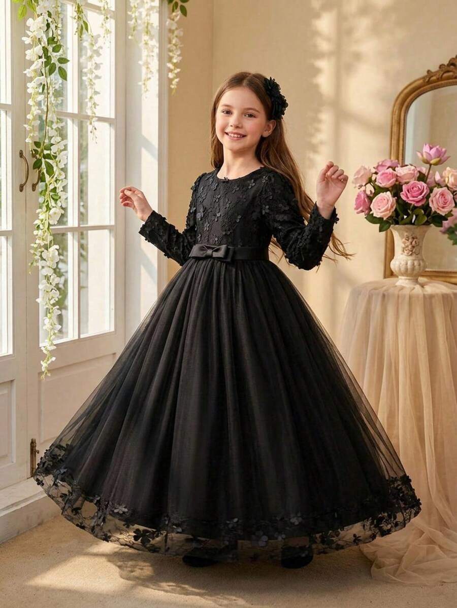 Young Girls Round Neck Long Sleeve Lace Mesh 3D Flower Bow Elegant Party Dress, Headband Not Included - Black - View 1