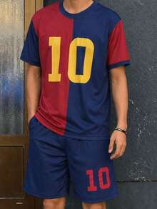 2pcs/Set Teen Boys' Cool Football Style Contrast Color 10 Number Print T-Shirt And Shorts Set - Multicolor - View 10