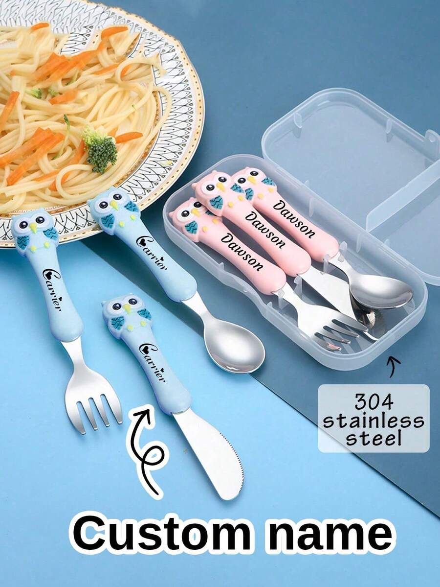 1/3 buah Set Peralatan Makan Stainless Steel 304 dengan Nama Kustom, Set Garpu, Sendok, dan Pisau yang Dipersonalisasi, Peralatan Makan Portabel Tiga Buah, Finishing Matte, Kembali ke Sekolah