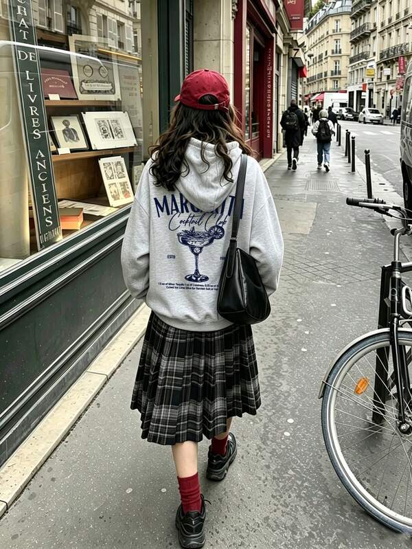 女款秋冬新款時尚檸檬冰杯與字母印花休閒百搭連帽抓絨衛衣上衣