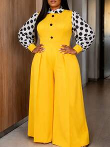AOMEI Damen Große Größen eleganter & anmutiger gelber Polka Dot Langarm Jumpsuit mit hoher Taille und weitem Bein, Büro Party formelle Business Damen Arbeitskleidung, Schulanfang Abschlusssaison, Business Präsentation, Damen Arbeitsplatz Pendeln Party formeller Business Anzug - Gelb - Übersicht 4