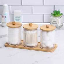Tbestmax 10 Oz Cotton Swab/Ball/Pad Holder With Vanity Tray, Qtip Apothecary Jar, Bathroom Containers Dispenser Storage 3 Pack Wood Lids - 3pcs(托盤) - 查看 7