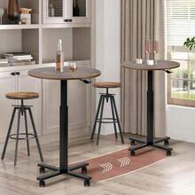 Bar Table,Round Dining Table With Height Adjustment,23.8-Inch Top, 41 Inch Adjustable Range, Comes With 4 Wheels, Ideal For Small Bar & Café, Rustic Brown - Rustic Brown - View 3