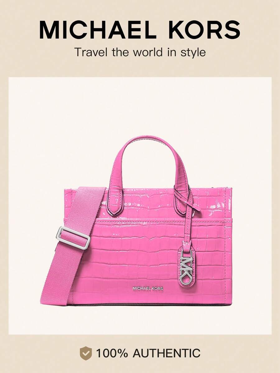 Michael Kors Gigi Small Crocodile Embossed Leather Messenger Tote Bag For Women,Cute Crossbody Bag For Travel Shopping Or Daily - Pink - View 1