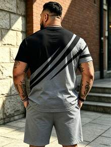 2pcs Plus Size Men's Contrast Color Striped Sports Set, Summer Short Sleeve T-Shirt + Shorts, Loose Fit Slimming Outfit - Dark Grey - View 2