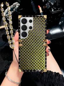 1件裝黑金壓紋亮片圖案水晶手鍊長方形手機殼，相容 Galaxy S26 Ultra/S26/S26 Plus/S25FE/S25Ultra/S25+/S25/S24 Plus/S24/S24U/S23 Ultra/S22ULTRA/A57 5G/A56 5G/A37 5G/A36/A17/A16，相容 Apple 17proamx/17/16 Promax/16/15PRO Max/15/14 Plus/15plus/14 Pro Max/13promax 機型。[國際版，非本地版] 圖案附保護膜，使用前請撕除 - 黑金色浮雕閃粉+水晶手鍊 - 查看 7