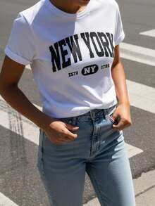 Elegant Vintage Women's Shirt, Round Neck T-Shirt With New York Letter Print, Casual Short-Sleeved Top For Spring And Summer, Women's Clothing, Summer Tops. - White - View 6