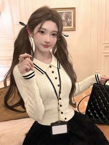秋冬女款韓式休閒撞色條紋領針織開襟衫，紋理修身長袖上衣，百搭優雅秋季款 - 杏色 - 查看 4