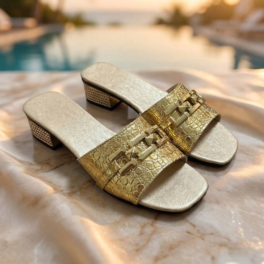 Women's Block Heel Slip-On Sandals With Metal Geometric Rivet Buckle Decor, Crocodile Embossed Glossy Pattern, Block Heel Slide, Rhinestone Chunky Square Heel, Low Heel Outdoor Wear, Luxury Elegant Style, Spring/Summer Shopping Date Gold, Metallic Gloss Embossed Leather Material, Chunky Heel Slide - Gold - View 1