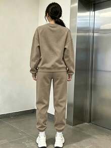 Teen Girl Heart Print Crew Neck Sweatshirt And Jogger Pants Casual Set - Khaki - View 2