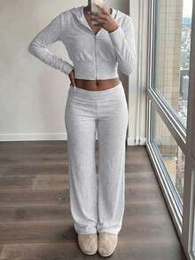 GLAMSKIN Women's Autumn Mixed Gray 2 Pieces Set, Zipper Hooded Ruched Top + High Waist Wide Leg Pants, Sporty Casual Loungewear Set - Light Gray - View 7