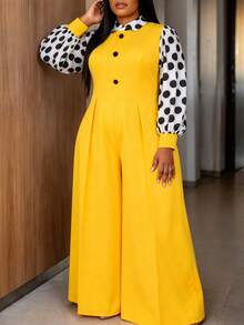 AOMEI Damen Große Größen eleganter & anmutiger gelber Polka Dot Langarm Jumpsuit mit hoher Taille und weitem Bein, Büro Party formelle Business Damen Arbeitskleidung, Schulanfang Abschlusssaison, Business Präsentation, Damen Arbeitsplatz Pendeln Party formeller Business Anzug - Gelb - Übersicht 5