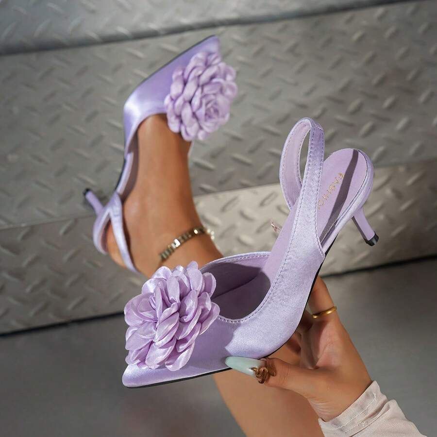 Women Lavender Satin 3D Floral Point Toe Slingback Stiletto Heels - Violet Purple - View 1
