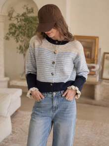 Women's Colorblock Striped Patchwork Detail Round Neck Knit Cardigan, Single-Breasted Short Jacket, Ruffle Cuffs, Gentle Style, Suitable For Autumn Outings - Multicolor - View 3