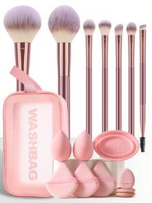 6/17pcs Pink Makeup Brush & Accessories Set, 7 Soft Fluffy Makeup Brushes, Travel Toiletry Bag, Silicone Cleaning Bowl, Makeup Sponge, Triangle & Mini Cushion Powder Puff, Multi-Functional Daily Travel Makeup Tools - Pink - View 1