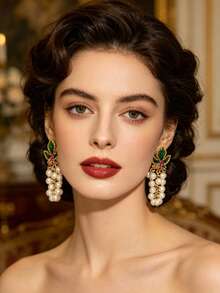 1 Pair French Vintage Enamel Green Leaf Pearl Grape Tassel Earrings, Luxury Colorful Rhinestone Long Dangle Earrings, European Court Style Banquet Dress Accessory - Multicolor - View 7