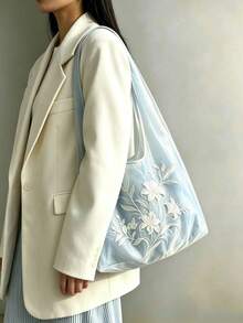 2026 New Light Blue Mesh Embroidery Tote Bag For Women, Lily Embroidered Large Capacity Shoulder Bag, Versatile Commuter Bag - Baby Blue - View 4