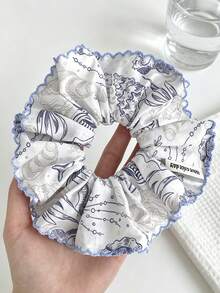 1pc Blue Ocean Print Square Scarf Scrunchie, Gentle & Sweet Versatile Hair Tie For Women - Multicolor - View 5