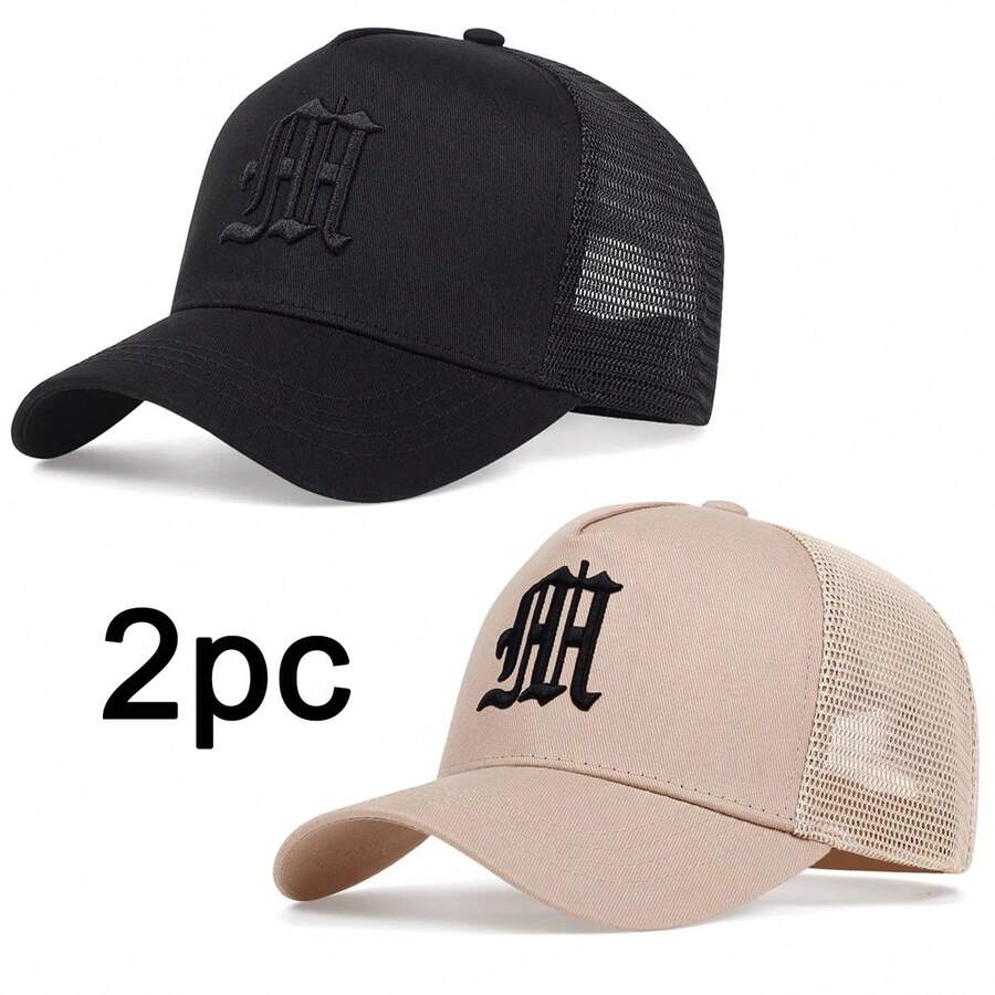 2 piezas Gorras de béisbol de malla con bordado de letras góticas para hombre - Negro Caqui - Ver 1
