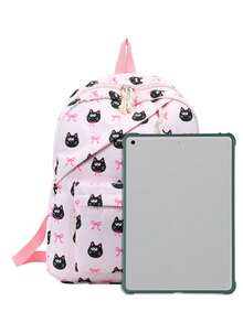 1 pieza Mochila de nailon de gran capacidad para estudiantes, mochila de gato con lazo para estudiantes universitarios, mochila de nailon, mochila de viaje - Rosa - Ver 2