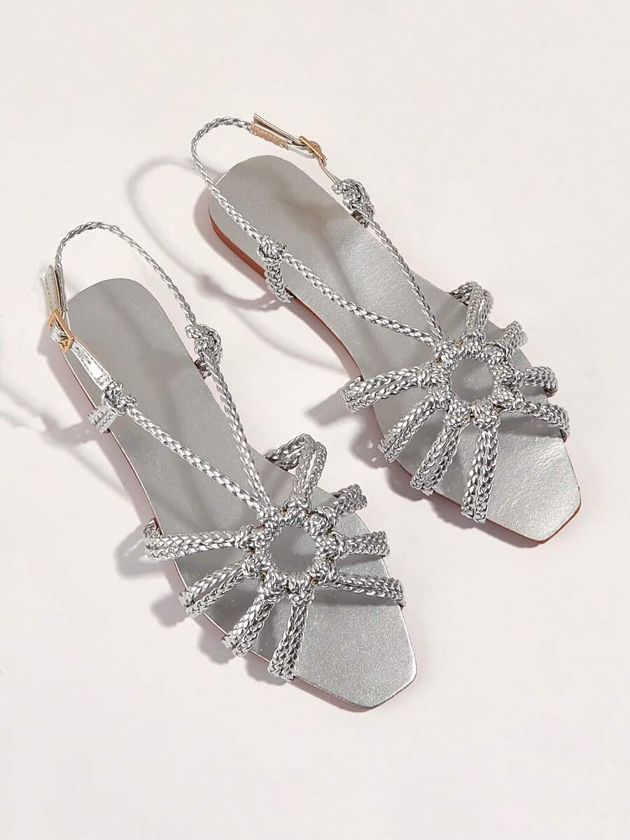 Silver Handmade Woven Strap Fashion Women's Flat Sandals, Random Woven Pattern - Silver - View 1