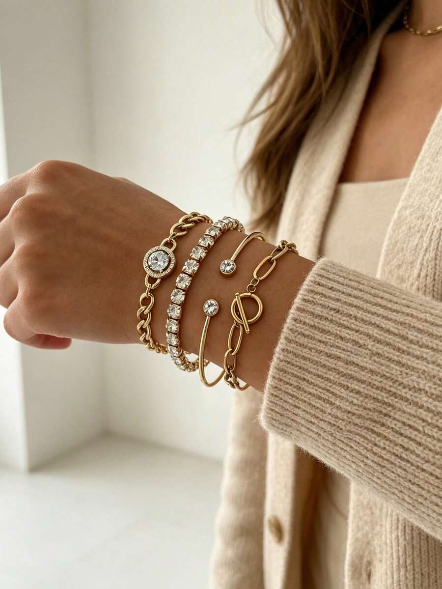 4PCS INS Vintage Rhinestone Bracelet, Thick Cuban Chain Round Diamond Faux Gemstone OT Clasp Layered Bracelet, Elegant Metal Geometric Open Bangle, Versatile Hand Jewelry For Women - Gold - View 1