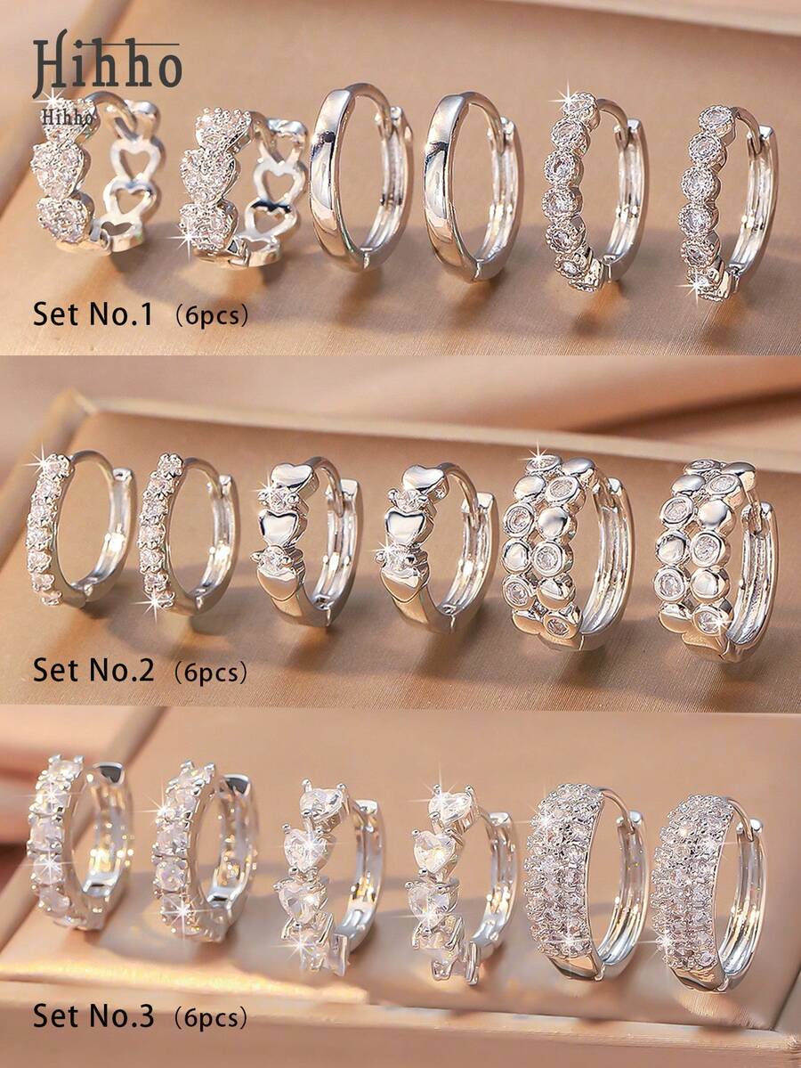 Hihho Set de 6 piezas de aretes de lujo, con diseños de corazón, cadena de diamante de imitación, patchwork geométrico, silueta minimalista con detalles brillantes, versátil para ir al trabajo, ocasiones sociales ligeras y el trayecto - Plateado - Ver 1