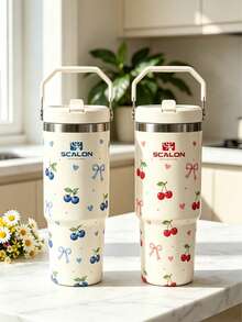 SCALON 30oz/900ML 1pc Soft Cream Style Cherry & Bow All-Over Print Insulated Tumbler, Stainless Steel Vacuum Insulated Cup With One-Click Pop-Up Lid, Leak-Proof Straw, Large Capacity Cold & Hot Coffee Travel Mug, Girly INS Style, Car Commute, Foldable Handle, Portable Design, Long-Lasting Cold & Heat Retention, Suitable For Campus, Commuting, Shopping, Camping, Gift For Best Friend - View 10